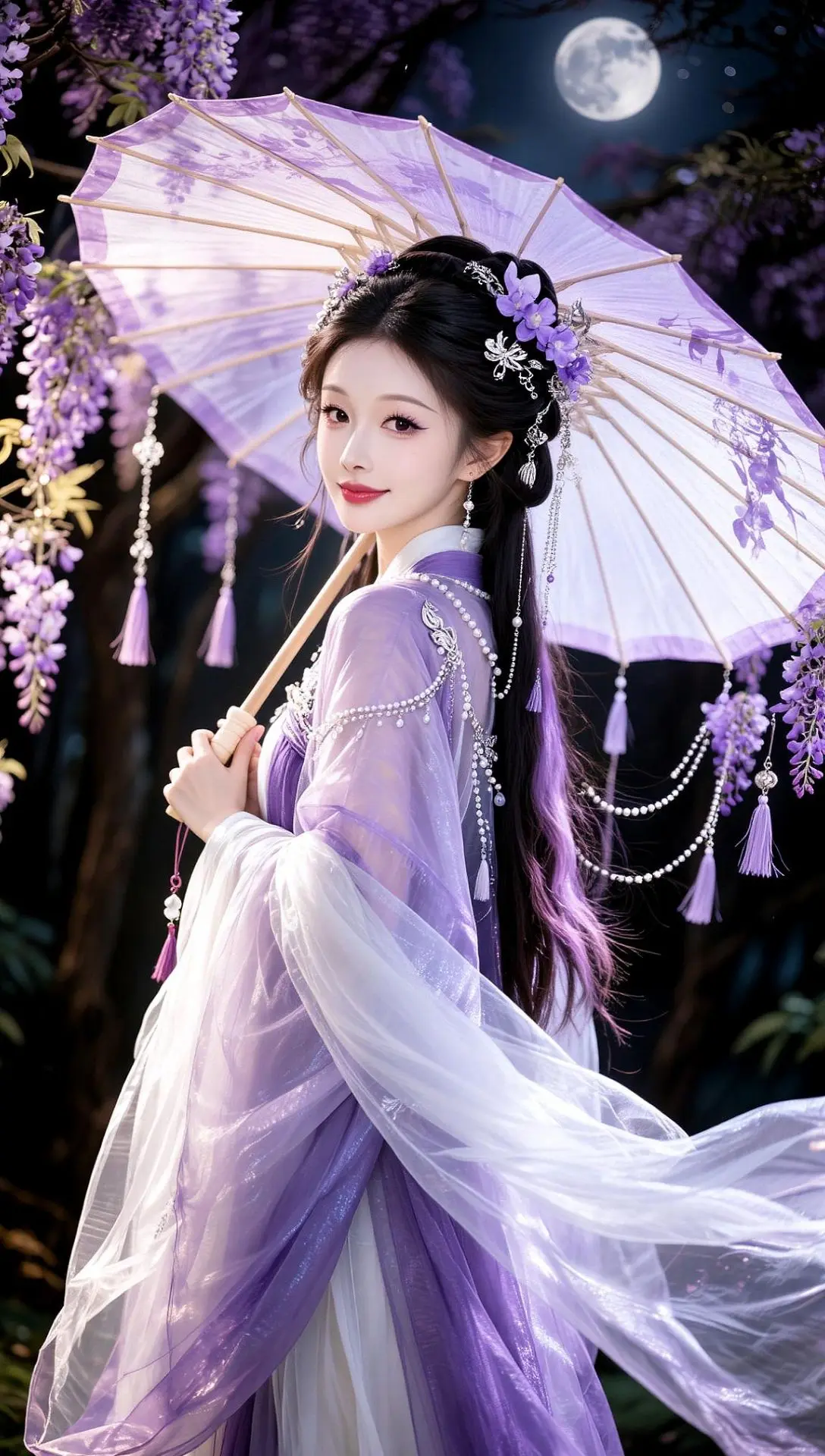 AI月夜紫藤古风写真 ai创作 汉服伞 汉服与油纸伞 汉服伞下