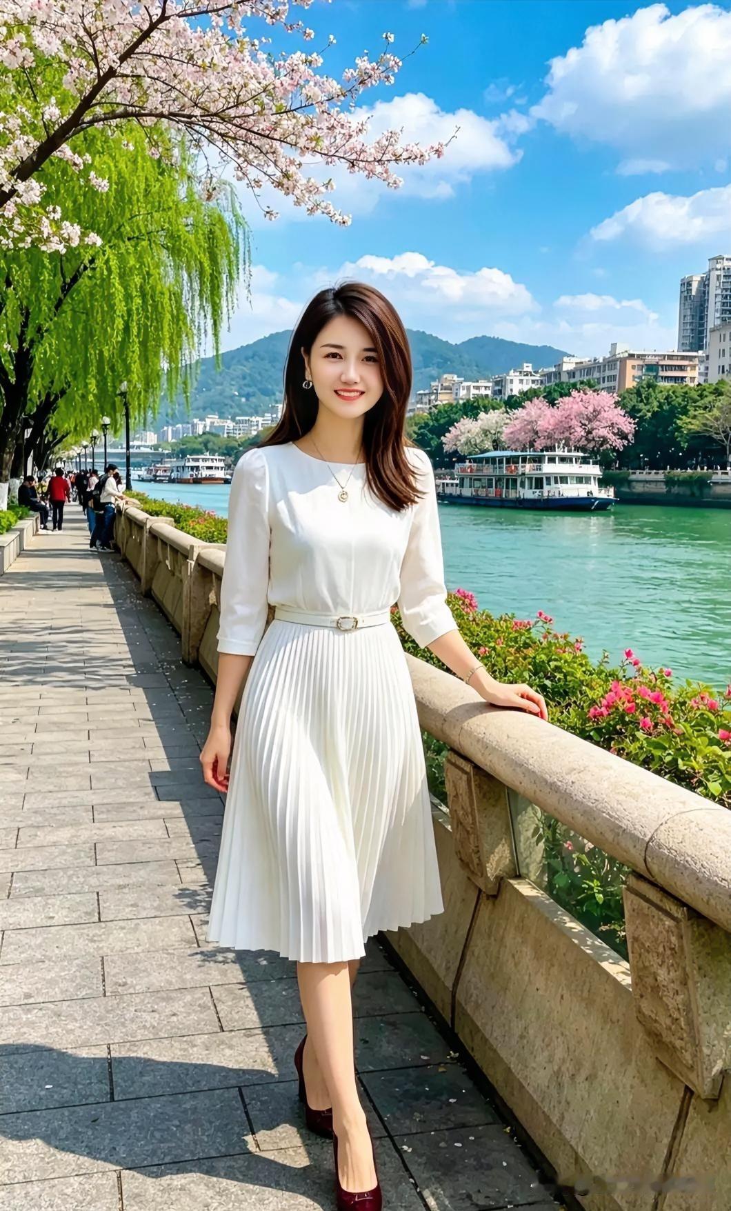 江畔春景中，白裙女子倚栏而立。微风轻拂，柳绿花红，清新优雅，尽显都市浪漫与自然和