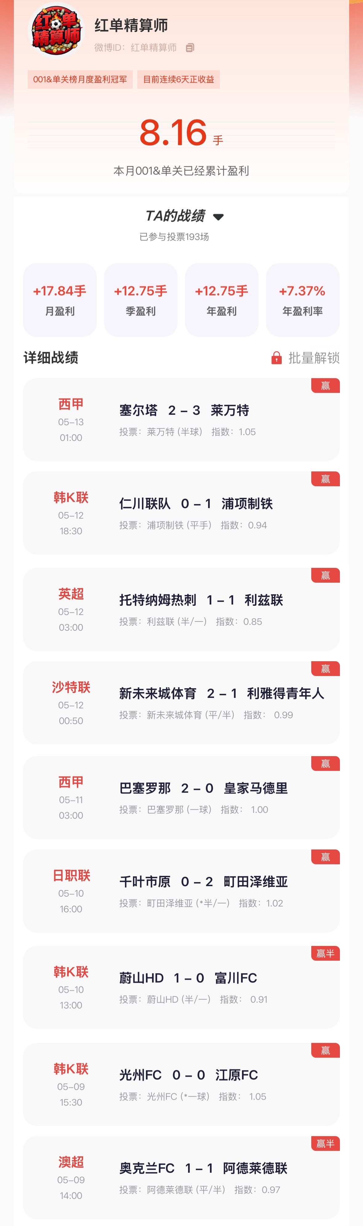 “猜球”单关榜第一 昨日浦项制铁、莱万特001单关双响，豪取001单关10连红！
