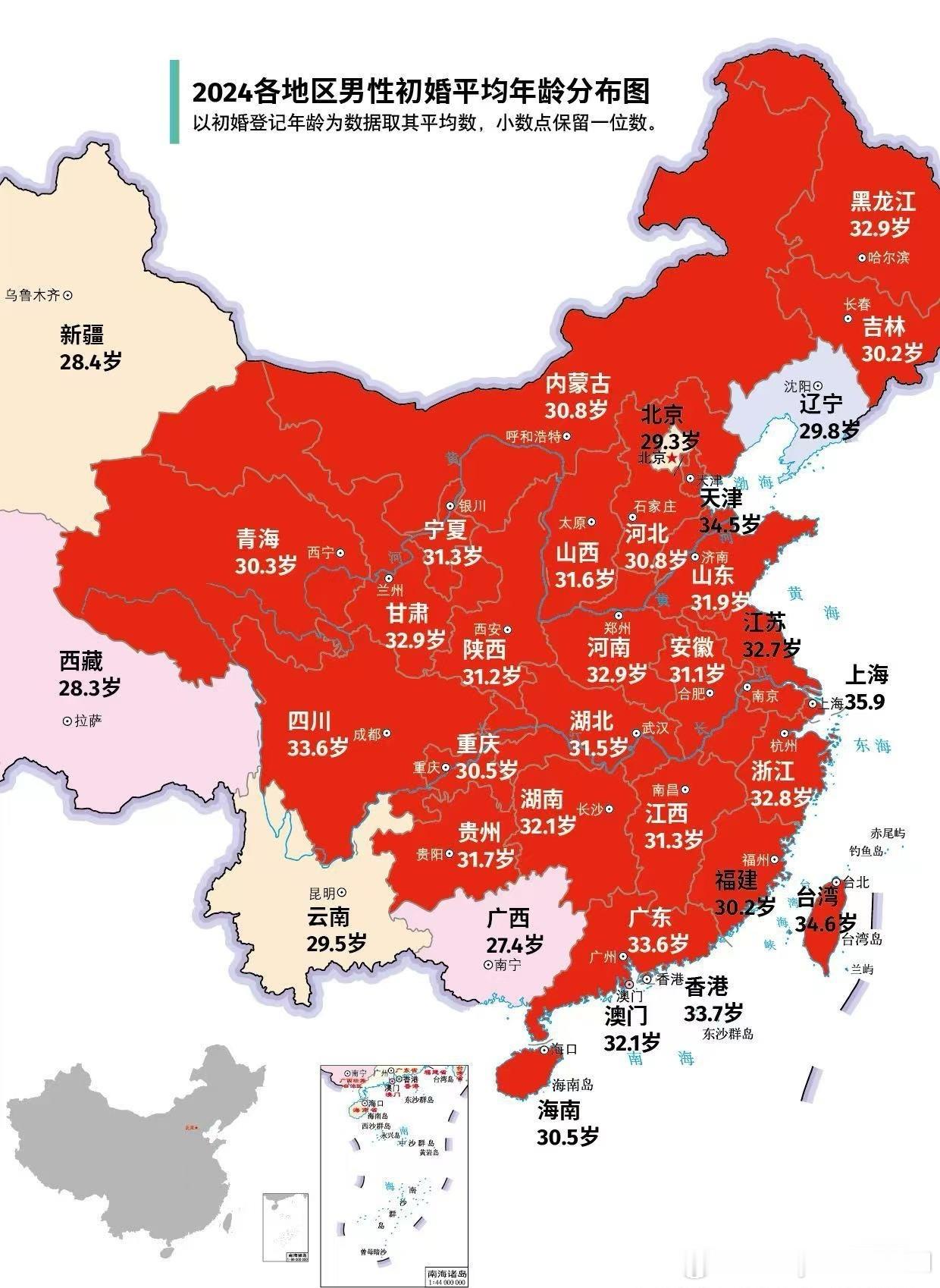 2024年中国各地区男性和女性结婚的平均年龄 ​​​