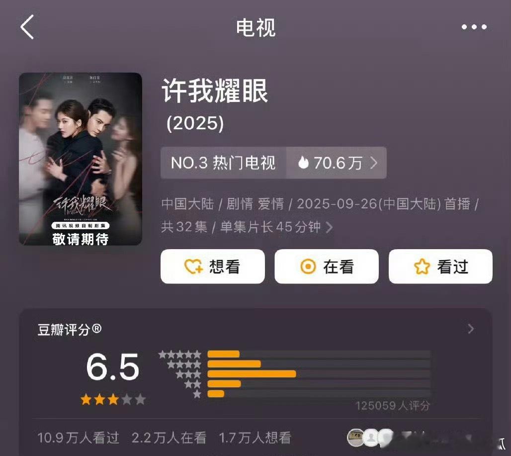 许我耀眼豆瓣开分了，12.5万人评6.5分，高还是低了？ ​​​