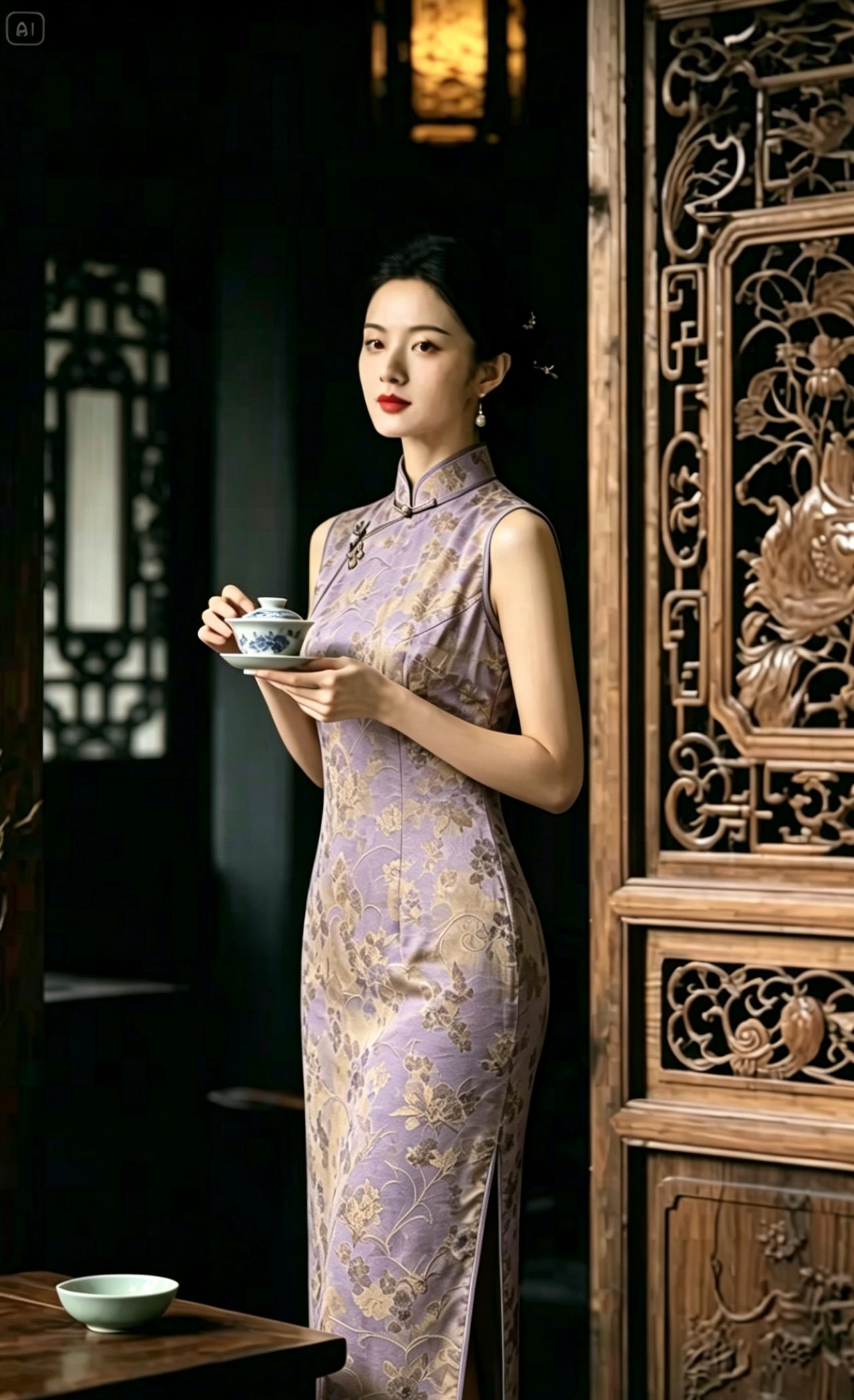 一个美女在古风房间里喝茶。