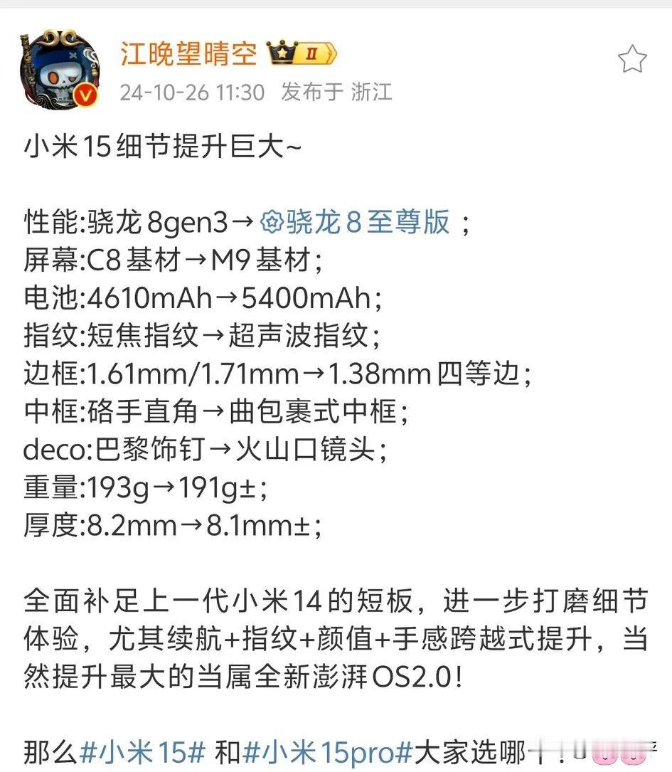 小米15升级很大啊[白眼]

短焦到超声波一步到位，边框目前是国产最窄的了[捂脸