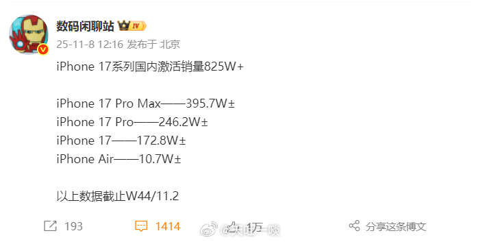 看iPhone 17系列国内激活量数据扎心吗？iPhone 17系列在国内截止到