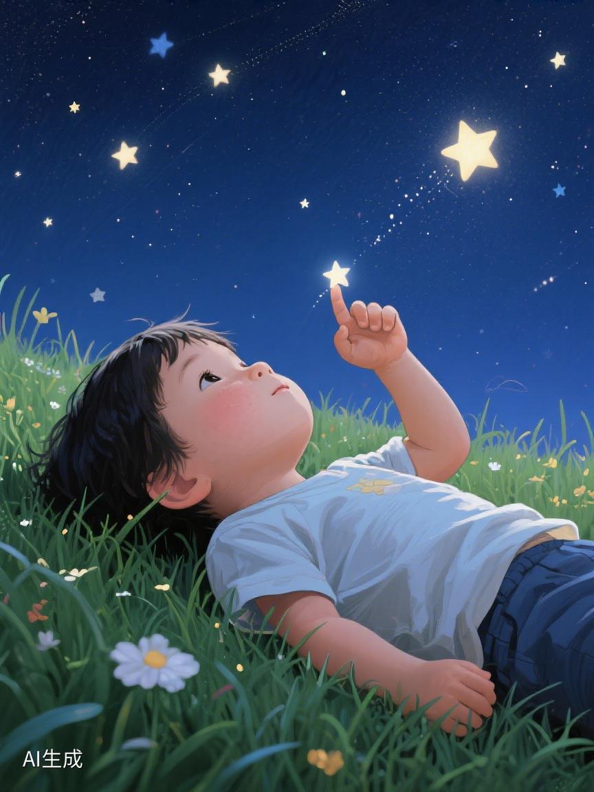 AI妙生图躺在草地，指尖轻触闪烁星芒，那是儿时梦的微光，亦是心底的诗意远方✨