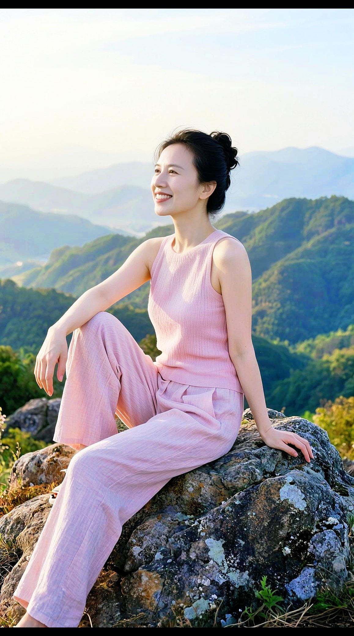 在山顶的怀抱中，阳光如细碎的金箔洒落，温柔地包裹着这片静谧。远处的云海翻腾，如同