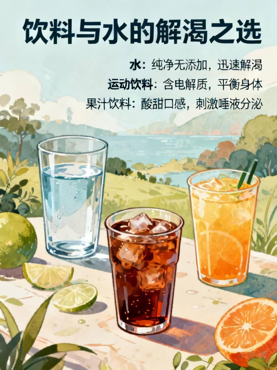 饮料和解渴这事，还真得说道说道。水肯定是最基本的解渴神器，它纯净无添加，能迅速被