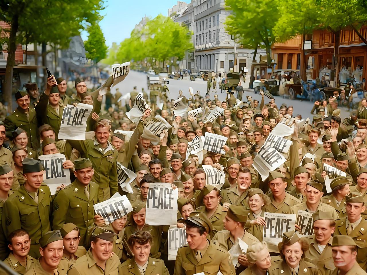 这张照片记录的是1945年8月15日，美国军人在法国巴黎庆祝日本无条件投降（V-
