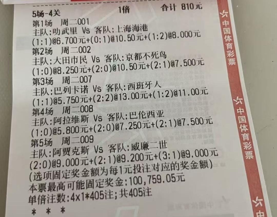 上港半场3-0领先，这位大哥810元的彩票，第一场就这样没了。
大哥估计怎么也想