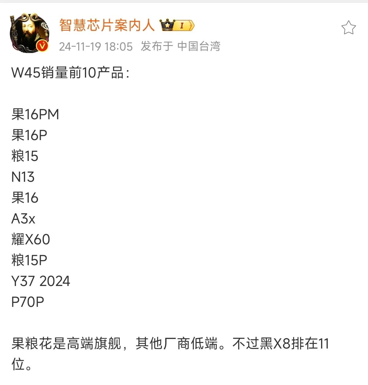 你再嘲笑小米手机高端化，都已经没用了。

W45周中国市场销量前十的手机中，小米