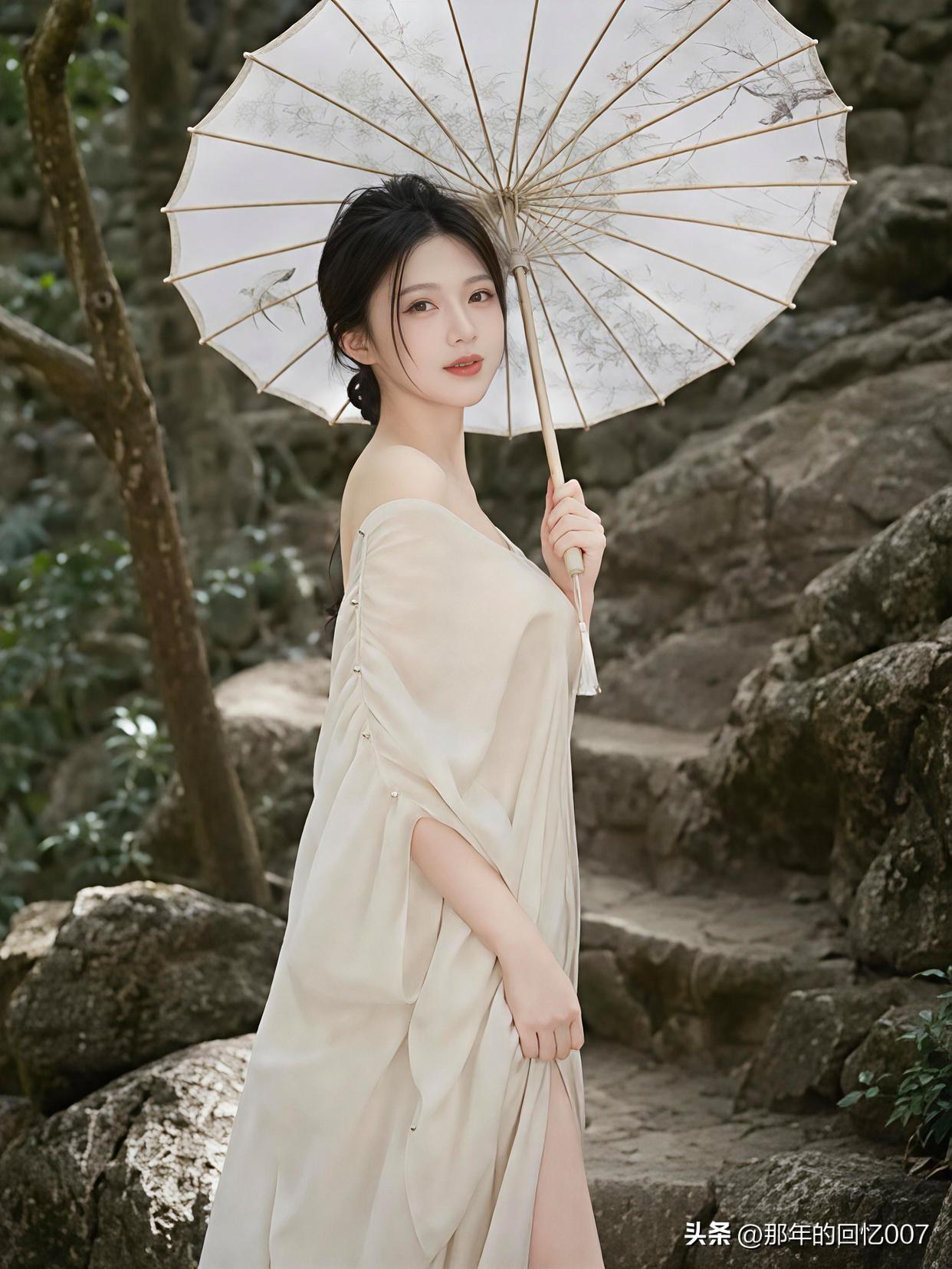 古风少女撑伞漫步，唯美意境，如梦似幻。