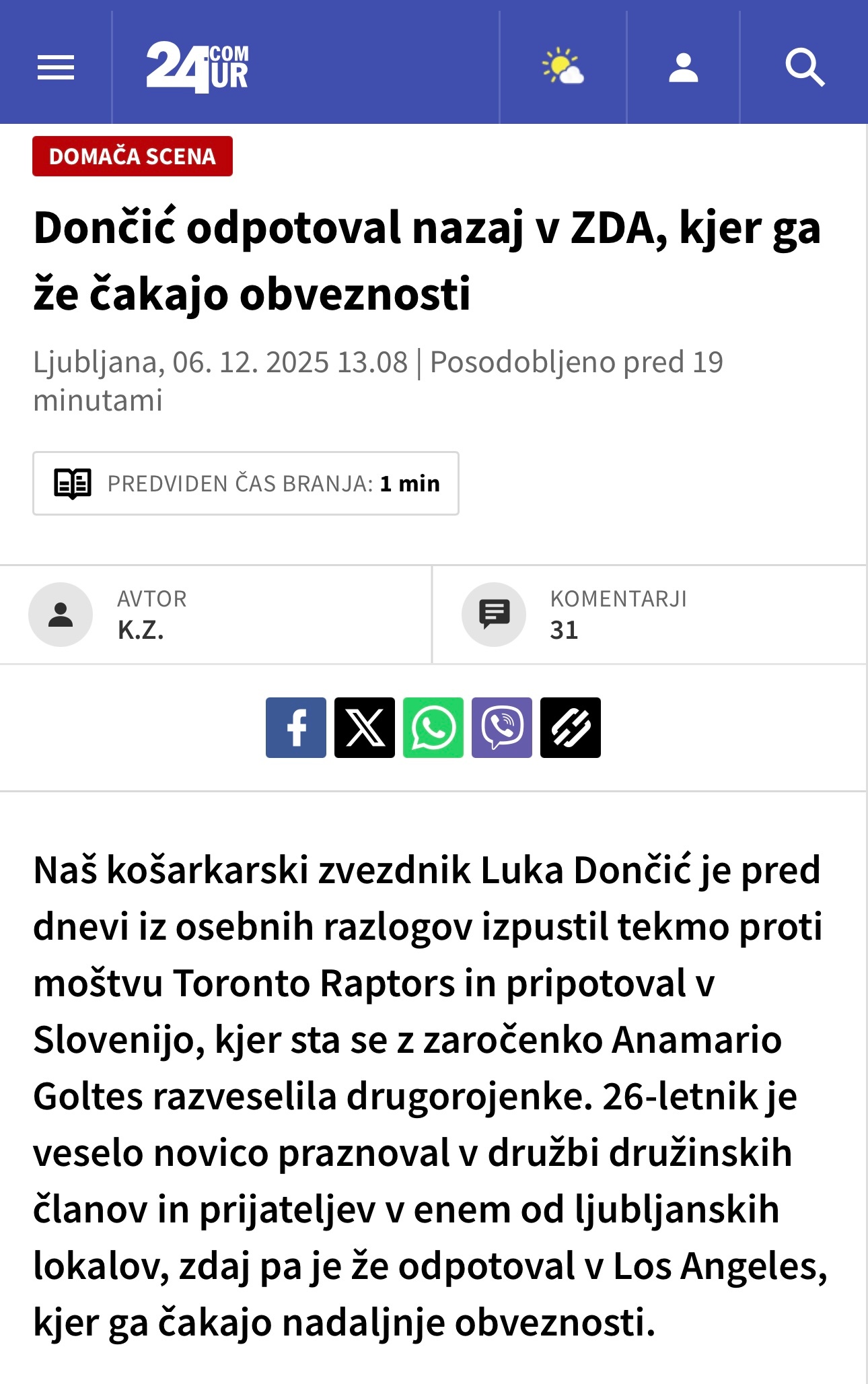 斯洛文尼亚当地媒体：东契奇已经乘坐私人飞机返回美国。东契奇日前因个人原因缺席了对