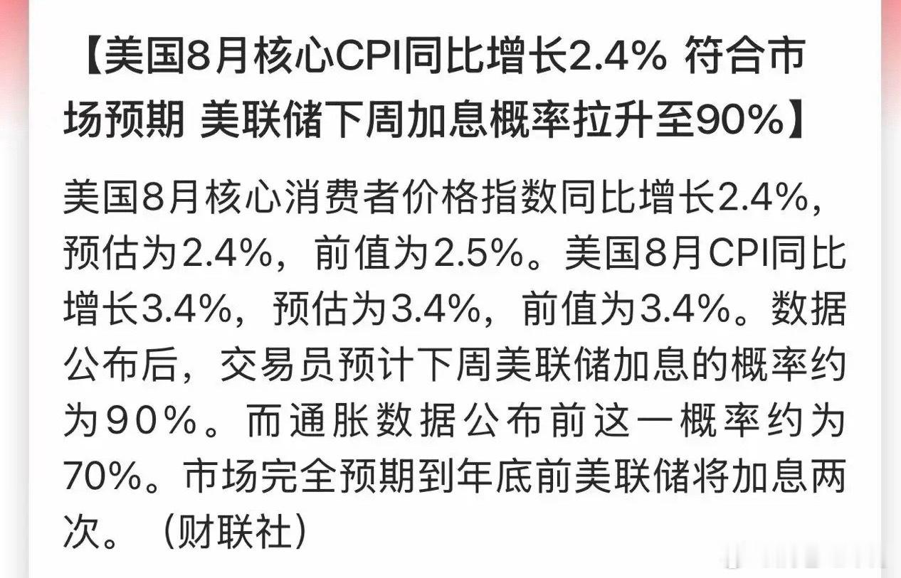 9月靴子落地！美国8月CPI出炉美国8月CPI数据公布：核心CPI同比2.4%，