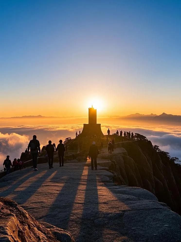 黄山夕阳下，光明顶平坦开阔，余晖洒身，让人仿若能触天边云彩。黄山顶峰看云海 黄山