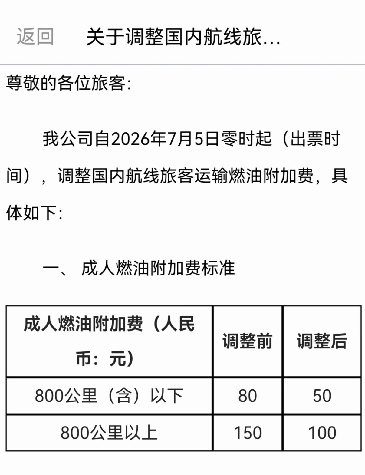 国内航线燃油附加费7月5日起开始降低800公里（含）以下，80➡️50800公里