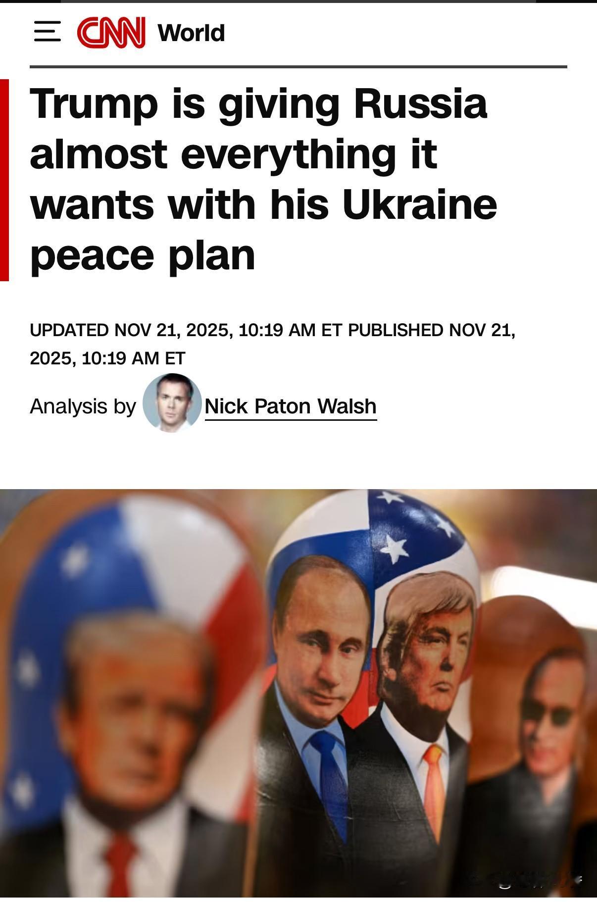 CN有关川普提出的俄乌和平计划，该媒体给出的标题是：川普提出的和平计划，几乎给了