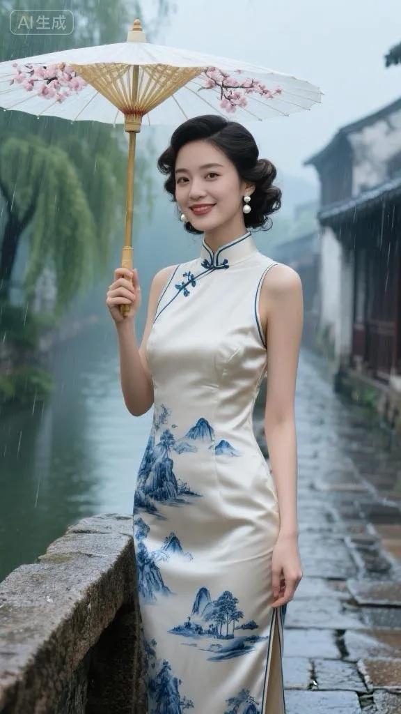 原创七绝●江南雨景/古韵  

雨下风吹绿柳垂，
佳人举伞笑容知。
江南韵味人陶