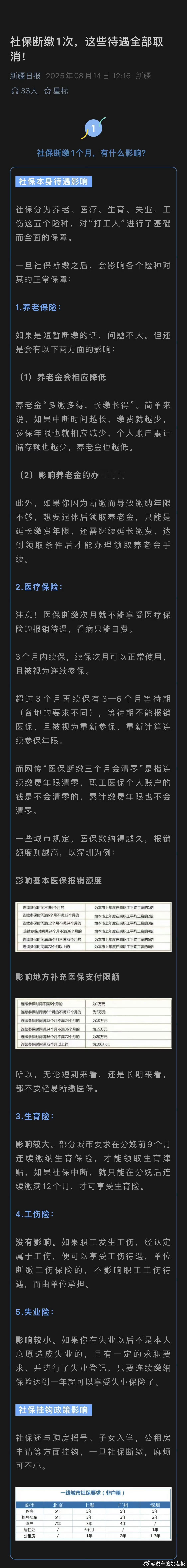 社保断缴1次，这些待遇全部取消 社保包含养老、医疗、生育、失业、工伤这5大险种，