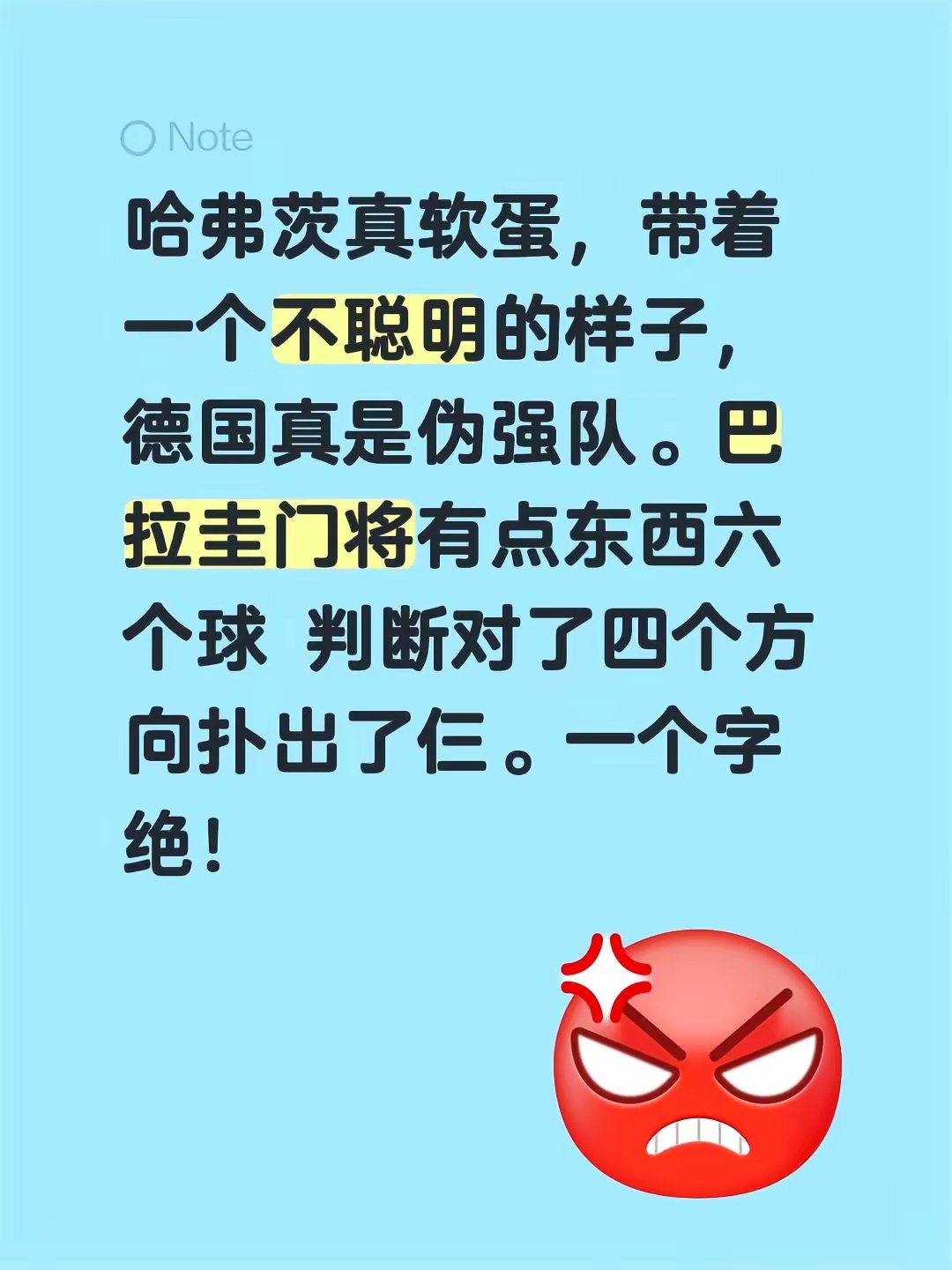 哈弗茨真软蛋，带着一个不聪明的样子，德国真是伪强队。巴拉圭门将有点东西，六个球判