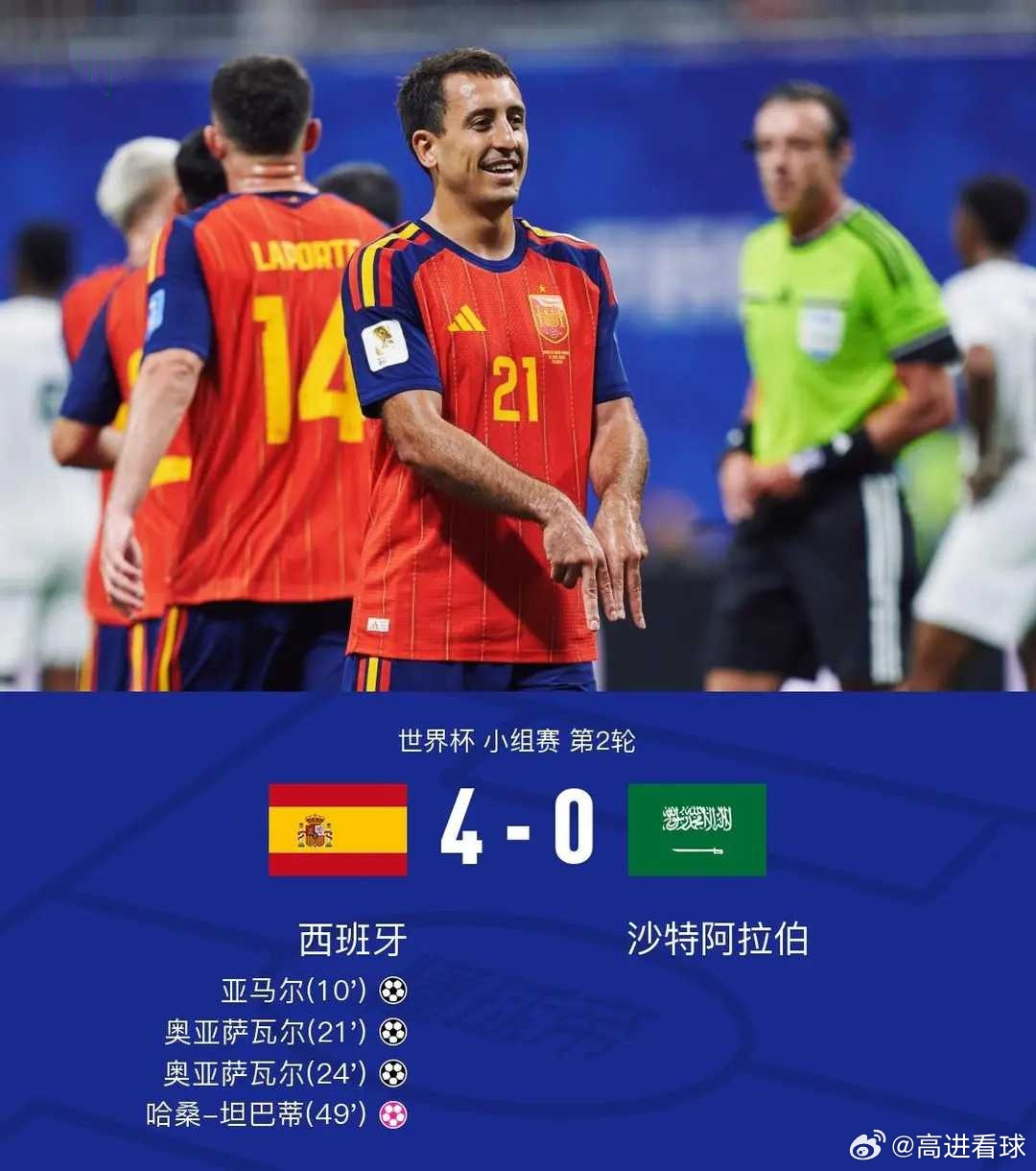 西班牙4-0沙特，亚马尔世界杯处子球，奥亚萨瓦尔两射一传北京时间6月22日世界杯
