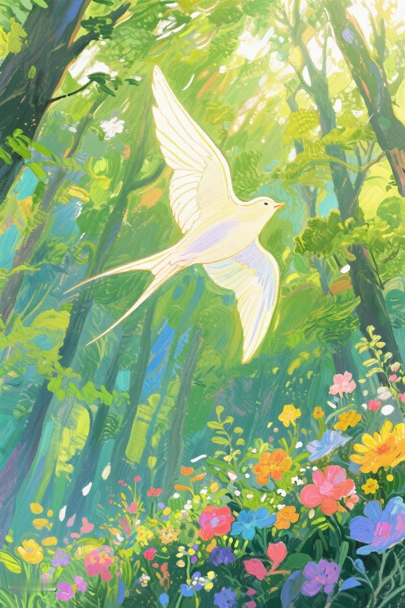 AI随心绘林幽鸟鸣，繁花似锦，阳光倾洒。每一寸绿意都藏着自然的诗，启人对生命的遐