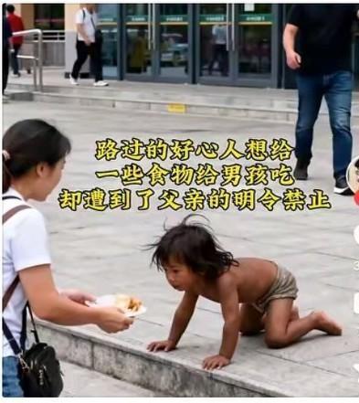 路过的人给“小野孩”递吃的，
竟被他父亲狠狠喝止！
那孩子望着食物的渴望眼神，真