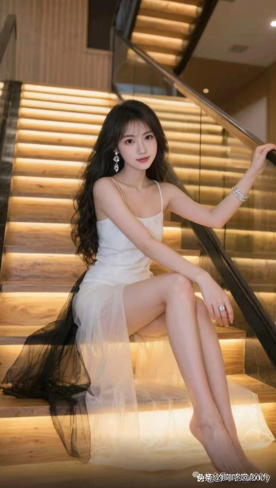 优雅白裙少女，楼梯间轻奢时光