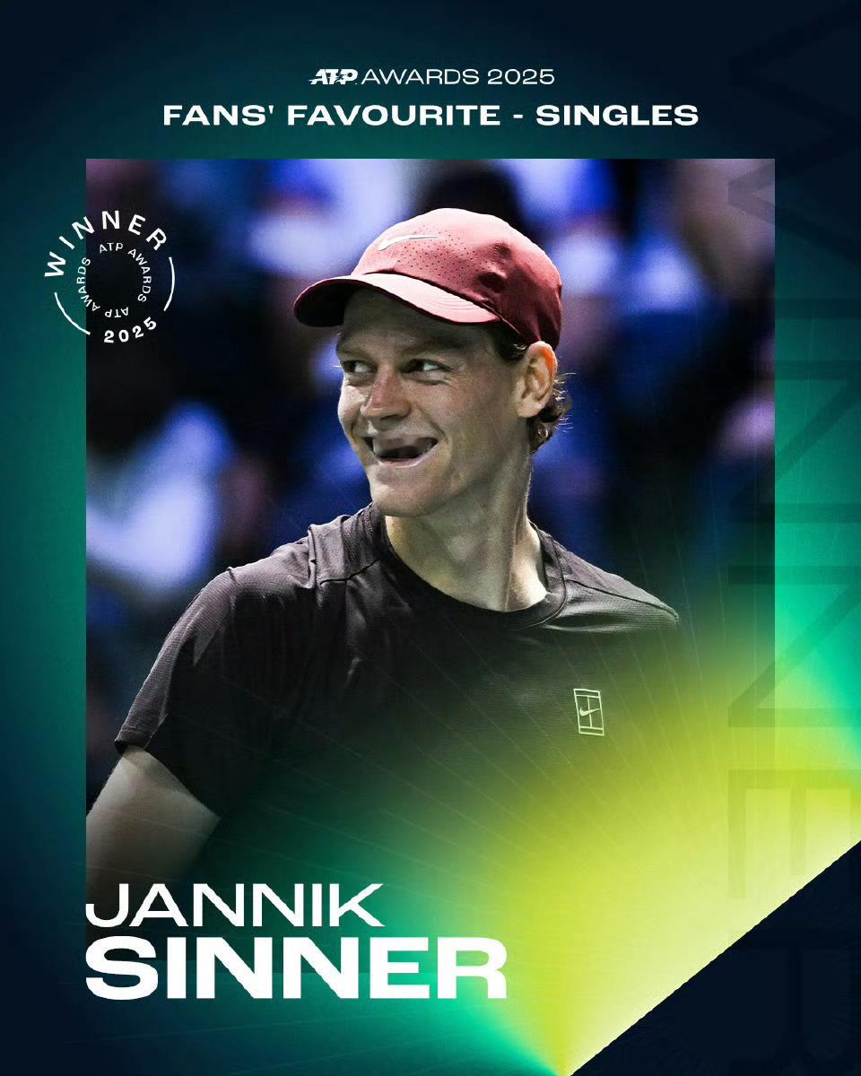 辛纳连续三年获得ATP最受欢迎球员奖恭喜这位铁佛寺atp