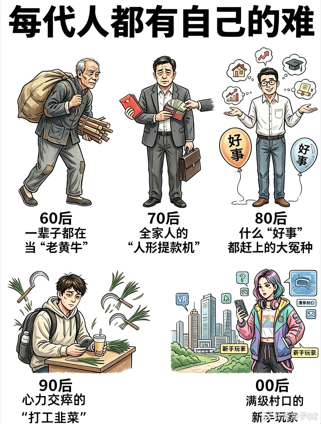 什么叫，一代人有一代人的难别羡慕别的年代！60到00后，各有各的苦，没有谁更容易