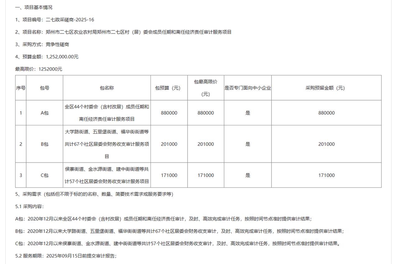 城市观察员郑州二七区125.2万元采购村（居）委会成员任期和离任经济责任审计服务