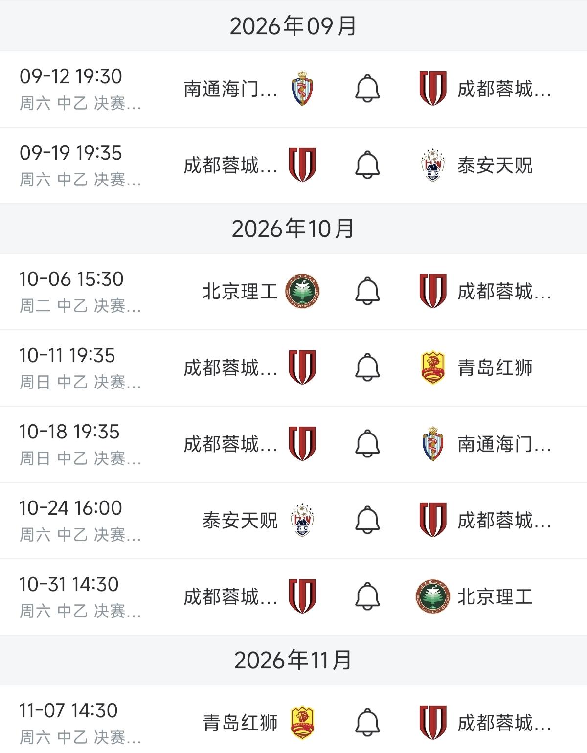 中乙联赛决赛阶段（升级组、保级组）的赛程今天正式出炉，成都蓉城B队进入到保级B组