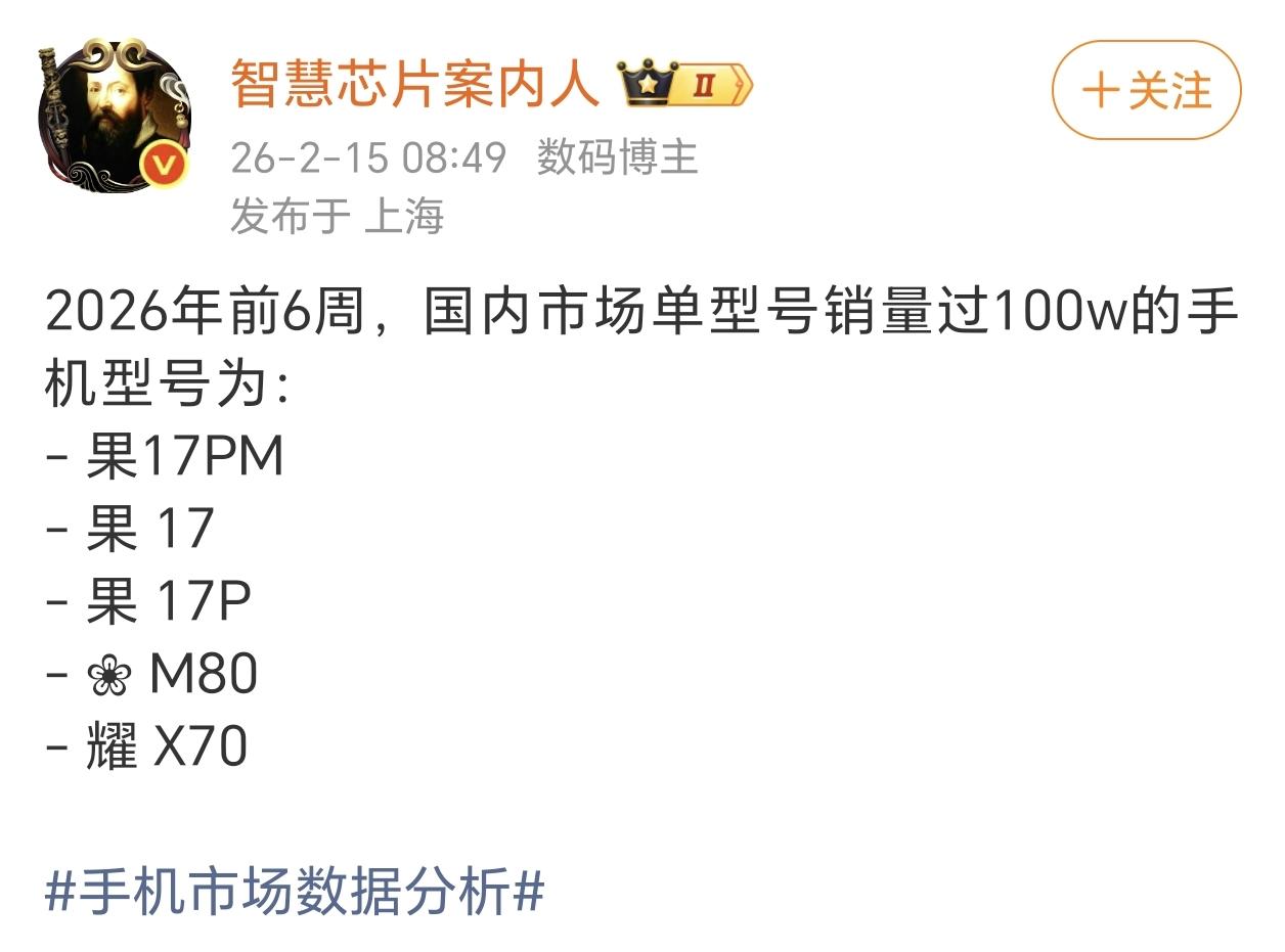 2026年前6周国内手机销量出炉，单型号破百万仅5款：iPhone 17系列三款