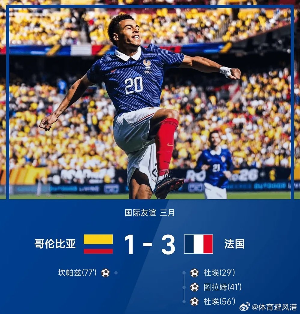 哥伦比亚1比3法国国际友谊赛每日篮球推荐五大联赛 法国3-1战胜哥伦比亚。全场比