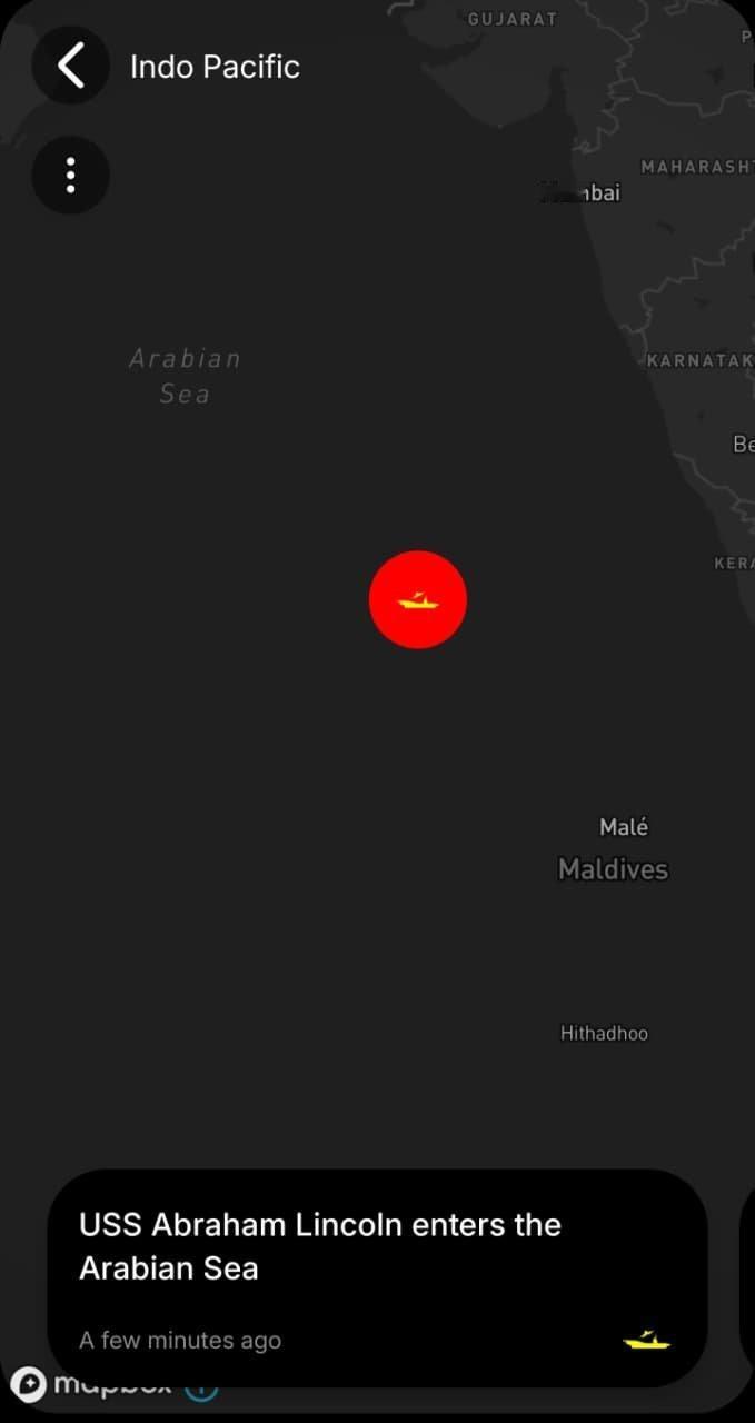 亚伯拉罕·林肯号（CVN-72）航母打击群已进入阿拉伯海，继续向西推进，前往中东