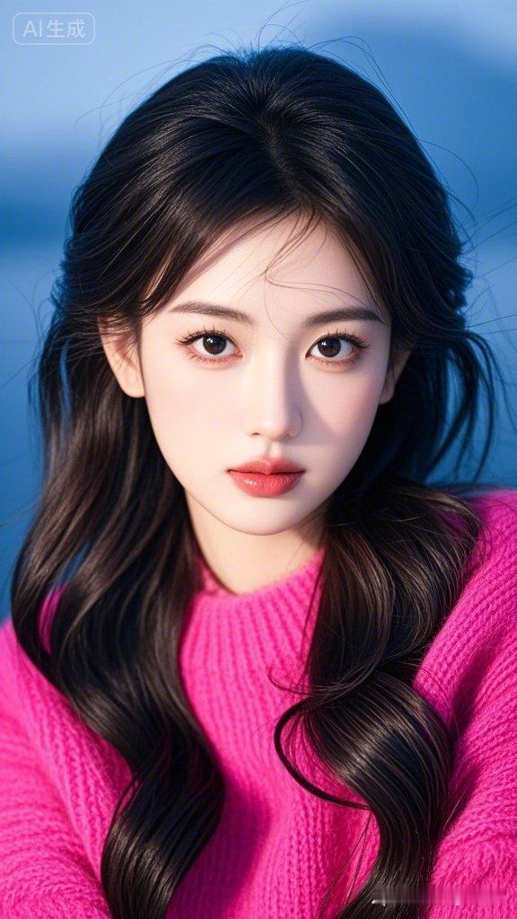 甜美少女风，粉色毛衣搭配黑发，温柔可人！💖🌸