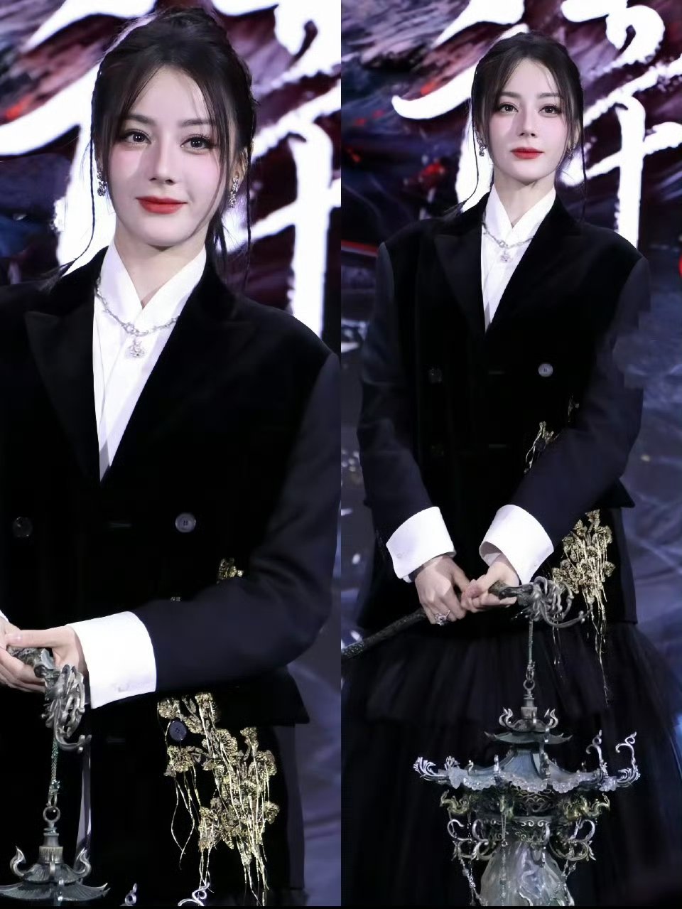 迪丽热巴高马尾提灯走红毯 迪丽热巴半脸海报 救命！迪丽热巴高马尾提灯造型直接封神