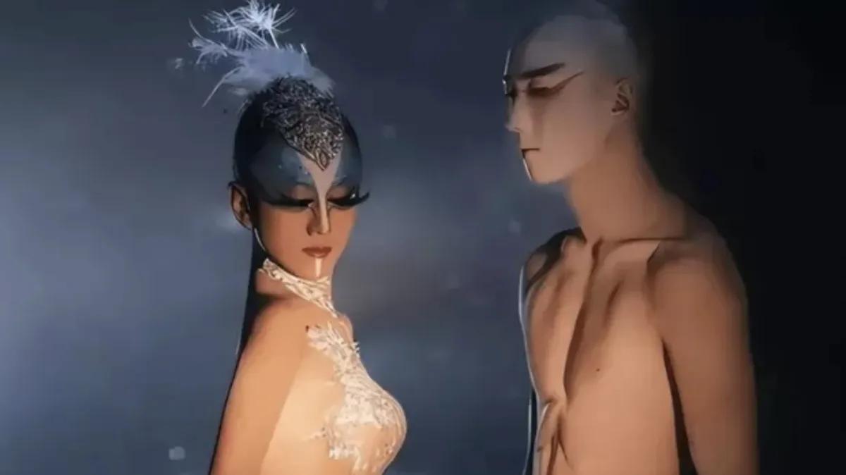 在一场令人瞩目的表演中，杨丽萍以一种前所未有的方式惊艳亮相，她仿佛从画中走出，全