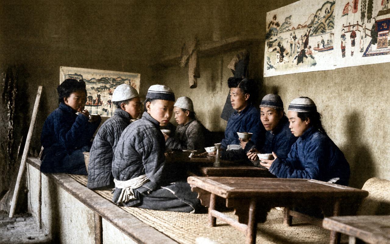 1907 年，中国北方的一家大车店内，七名旅客正坐在贯通式的大土炕上喝茶吃饭。