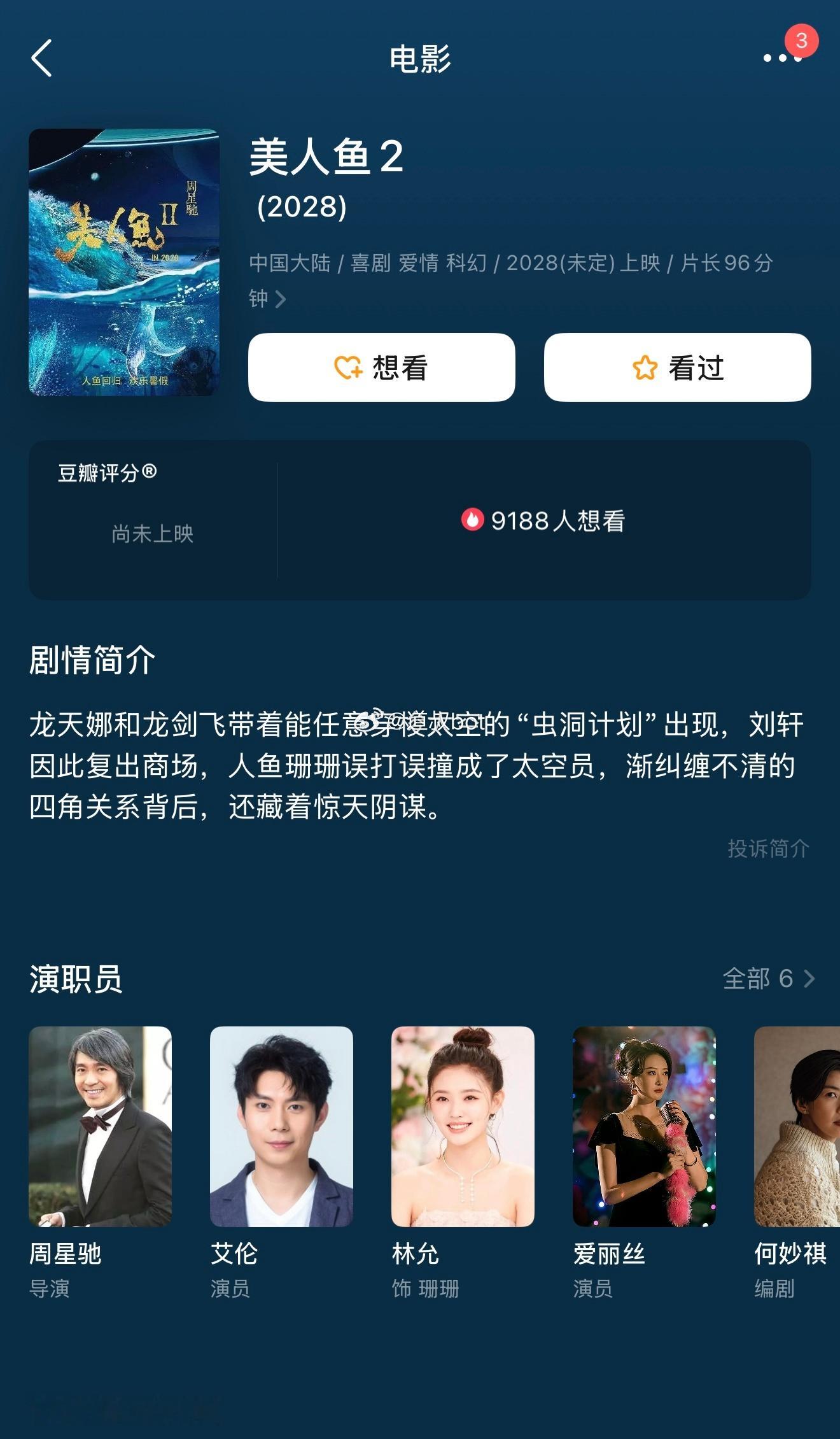 周星驰新作《功夫女足》，上映三天达到6亿票房，预测总票房达30亿。他的另一部电影