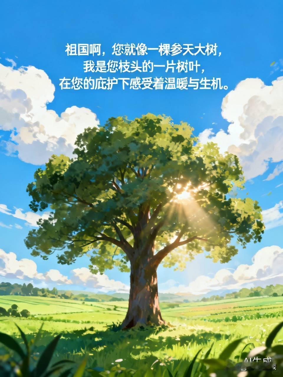 祖国啊，您就像一棵参天大树，我是您枝头的一片树叶，在您的庇护下感受着温暖与生机。