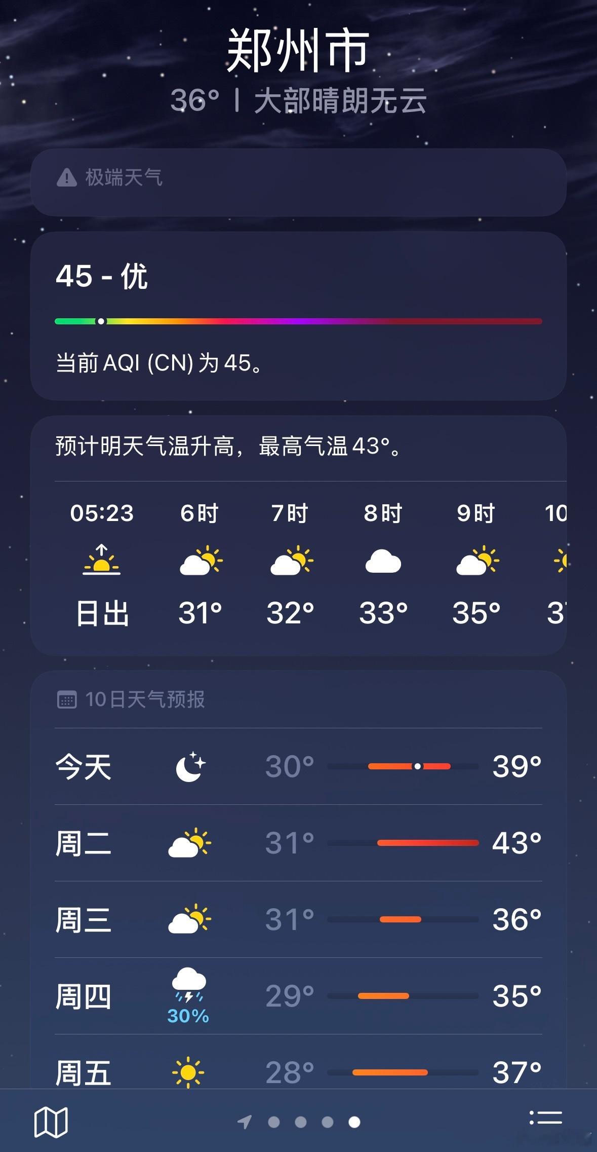 42度高温来了搜了一下，明天郑州43度高温，好多地方是40度左右，多喝水，少出门
