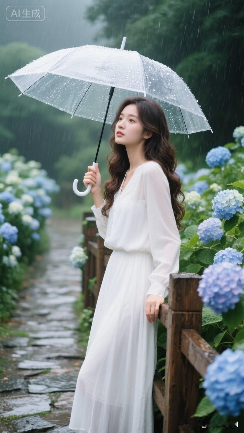 雨中漫步，撑伞漫步在花海中，唯美浪漫。