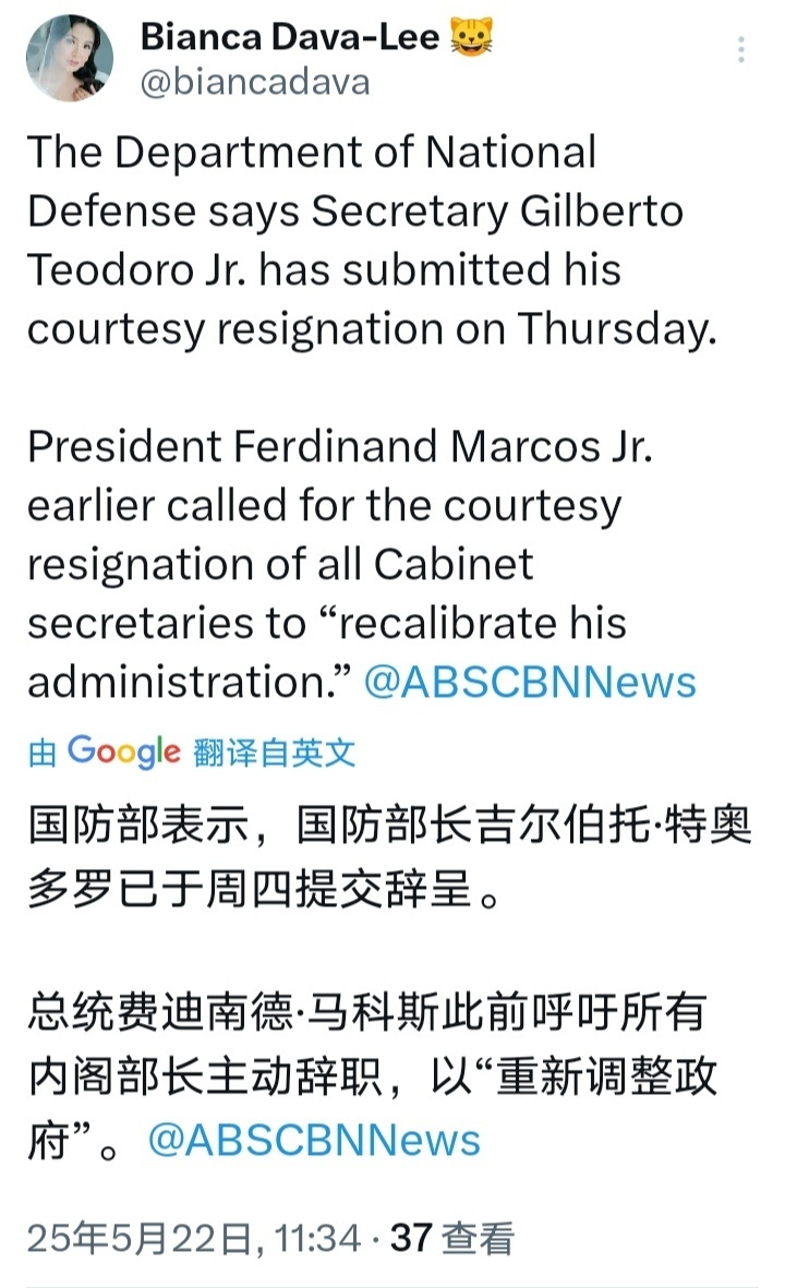 菲律宾国防部表示，菲国防部长吉尔伯托·特奥多罗已于周四（22日）提交辞呈。菲总统