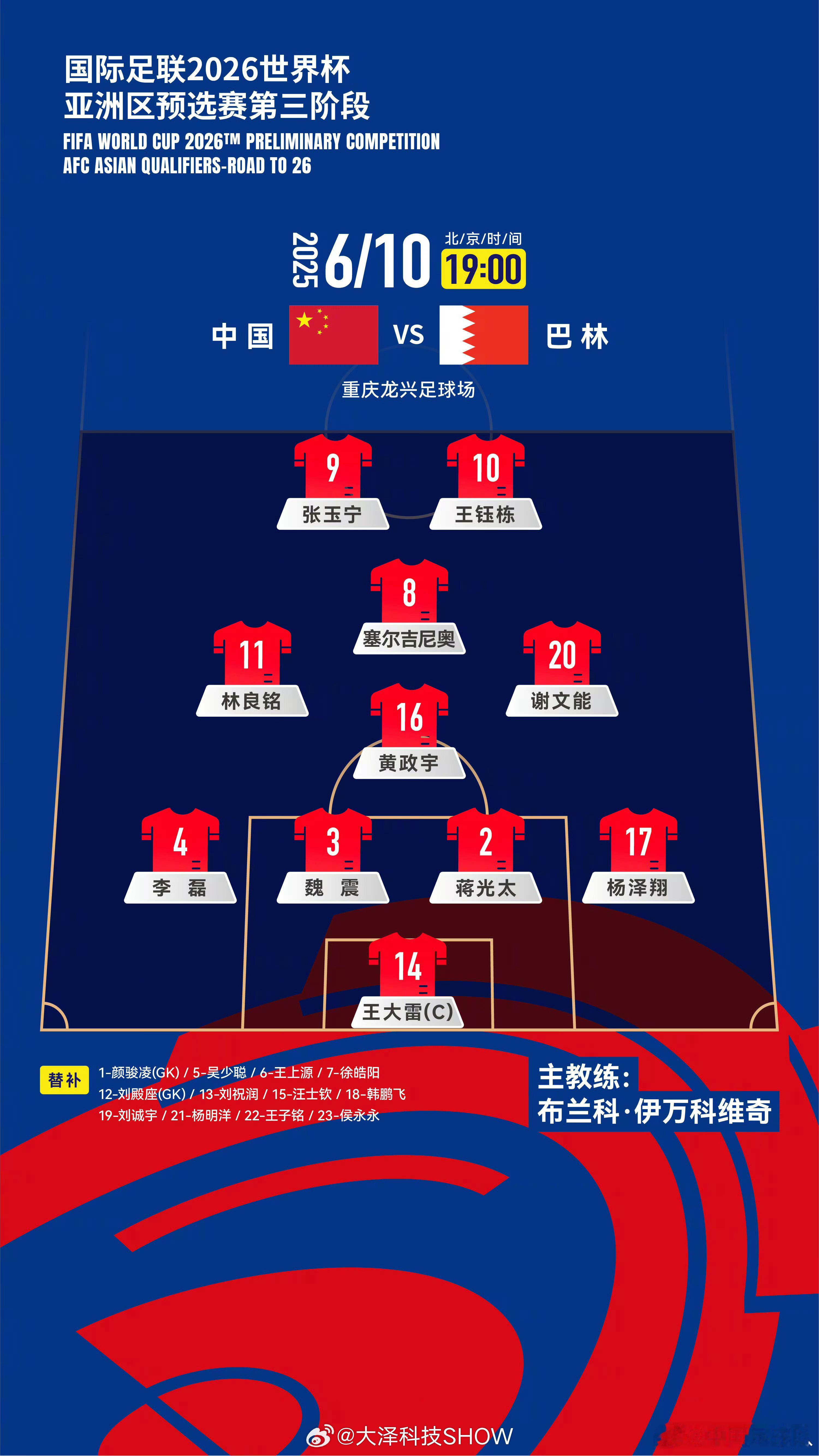 国足vs巴林首发为什么不让杨明洋首发？都是防守型后腰，杨的联赛状态明显比黄政宇好