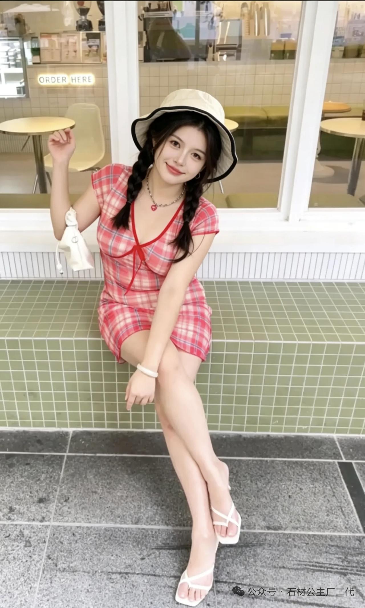 记录我的2026可爱箩丽女孩倚坐咖啡店旁，一袭红格子连衣裙+草帽，轻松出街。