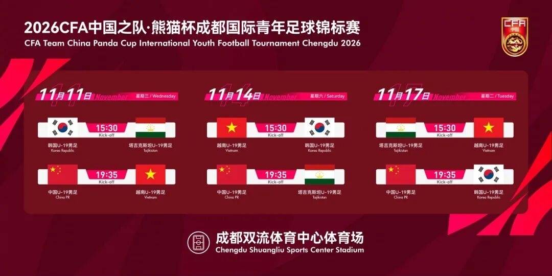 2026年“熊猫杯”来了 U19国足11月坐镇成都，首战越南末轮碰韩国