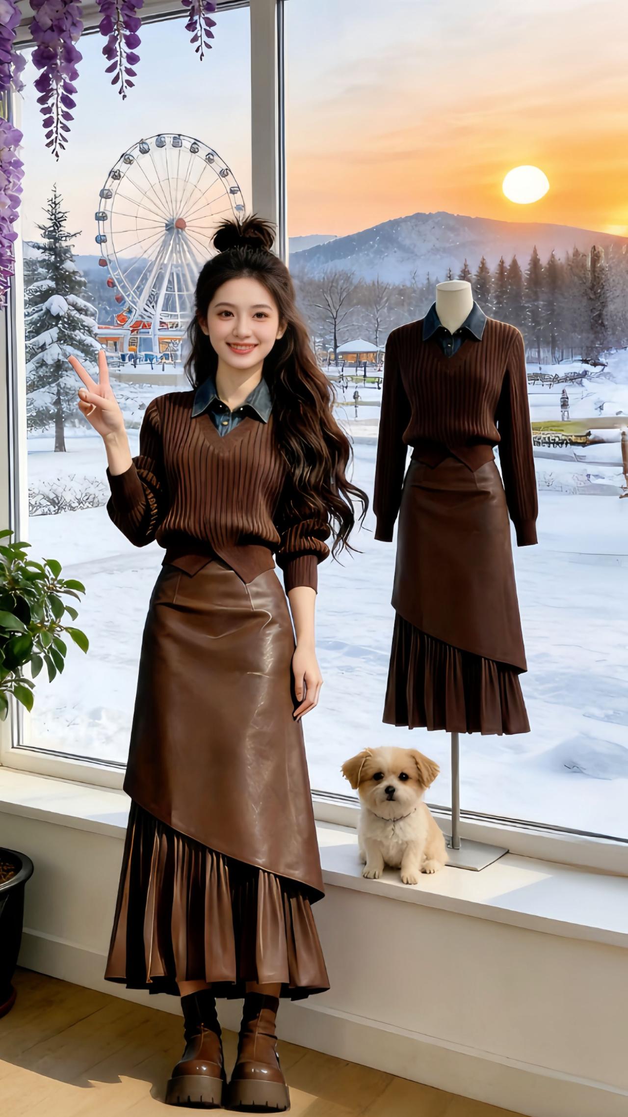 冬日里的美拉德穿搭浪漫感被Danny拉满啦～窝在咖色沙发抱着小狗自拍，窗边对着同