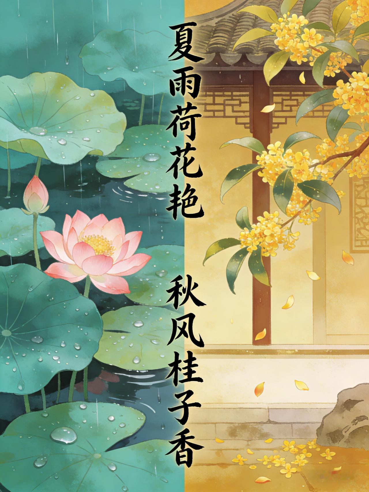 下联：秋风桂子香

赏析：这幅下联“秋风桂子香”与上联“夏雨荷花艳”相映成趣。下