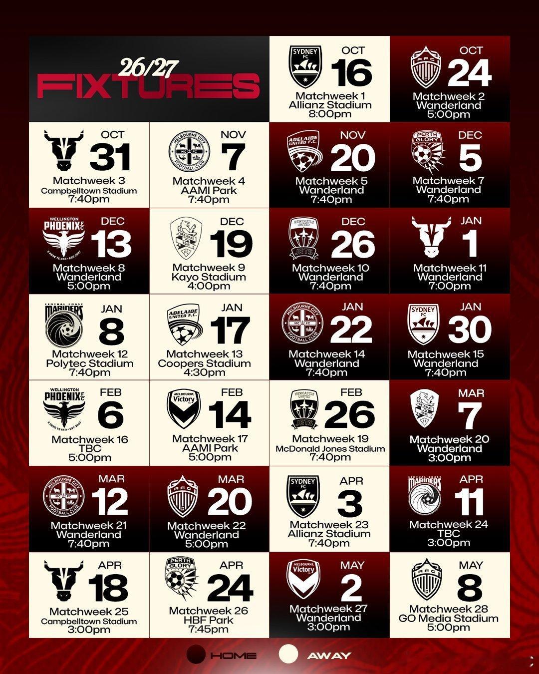 A-League 2026-27赛季 联赛赛程今天正式发布。流浪者队的主客场赛程