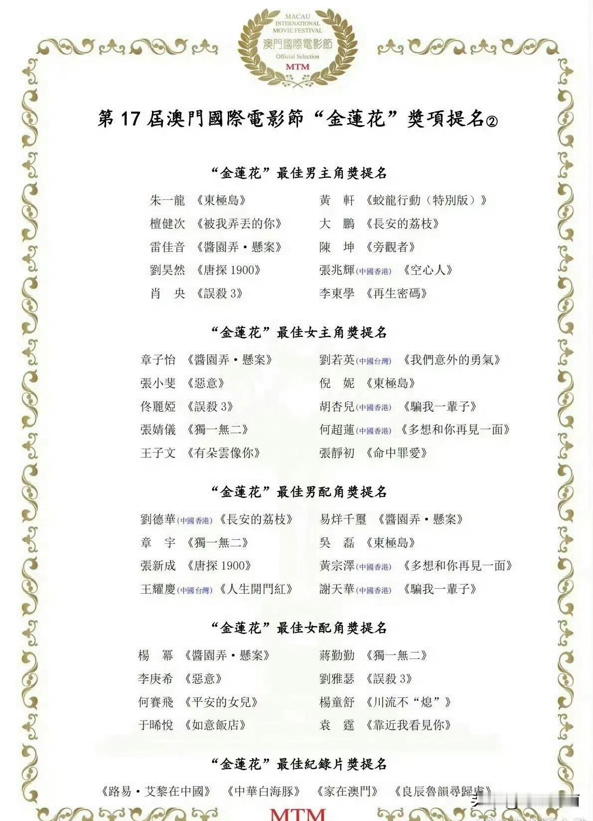 澳门国际电影节 金莲花提名🈶华人电影节 大湾区电影节